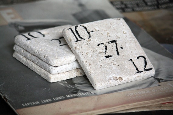 Personalized Coaster Set Special Date Birthday Natural Tumbled Marble Rustic Home Decor - Anniversary Custom Hand Painted Wedding Gift