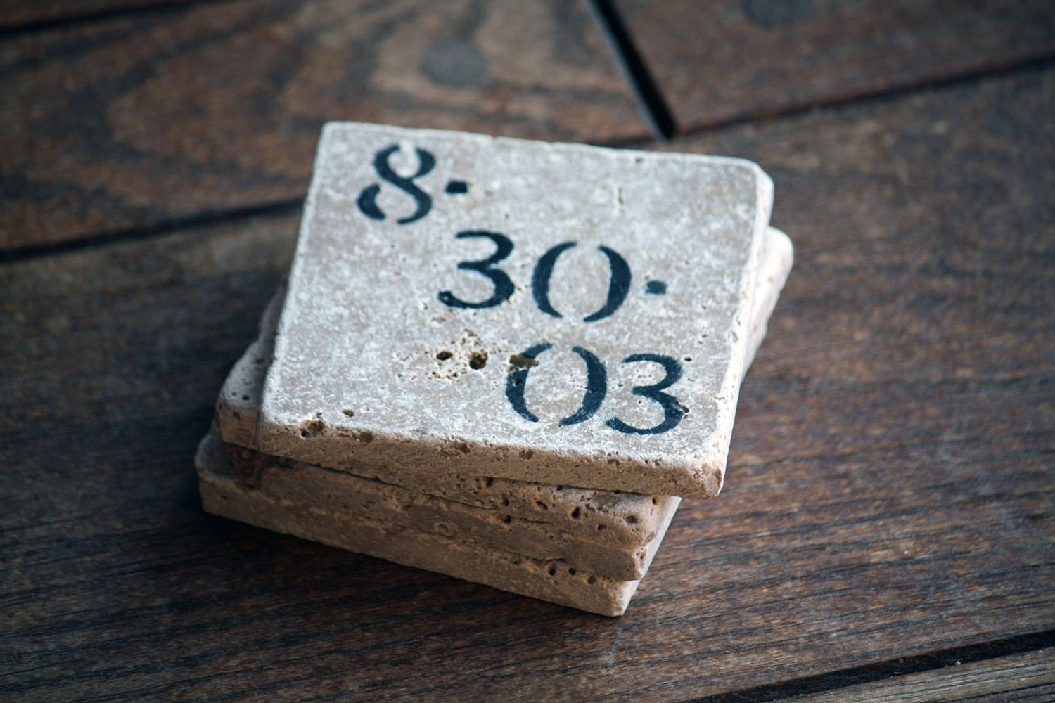 Personalized Coaster Set Special Date Birthday Natural Tumbled Marble Rustic Home Decor - Anniversary Custom Hand Painted Wedding Gift