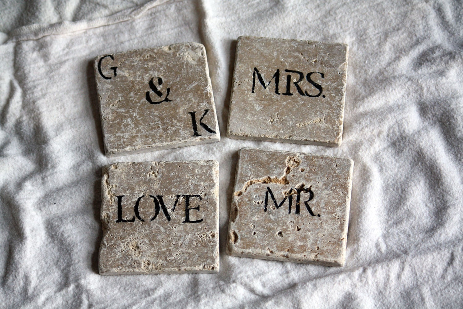 Personalized Coaster Set for Couple, Custom Tumbled Marble Coasters, Choose any 4, Love, Wedding, Engagement, Housewarming, Mix and Match