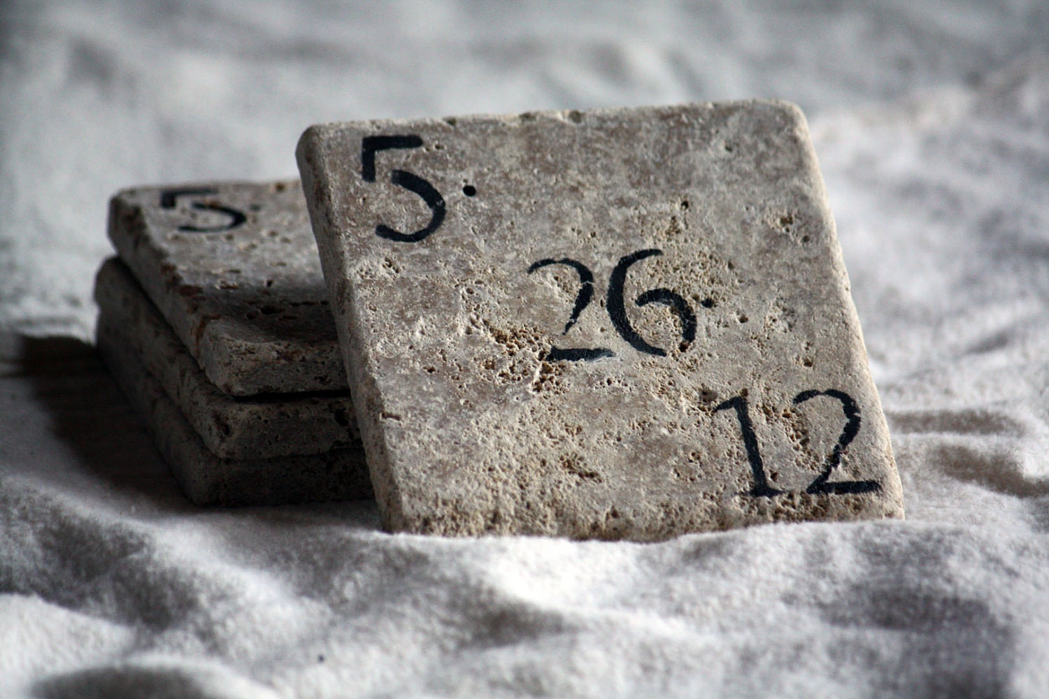 Personalized Coaster Set Special Date Birthday Natural Tumbled Marble Rustic Home Decor - Anniversary Custom Hand Painted Wedding Gift