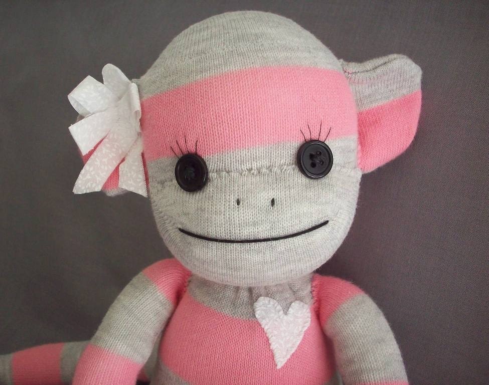 Sock monkey doll in pink and grey stripes- Savannah