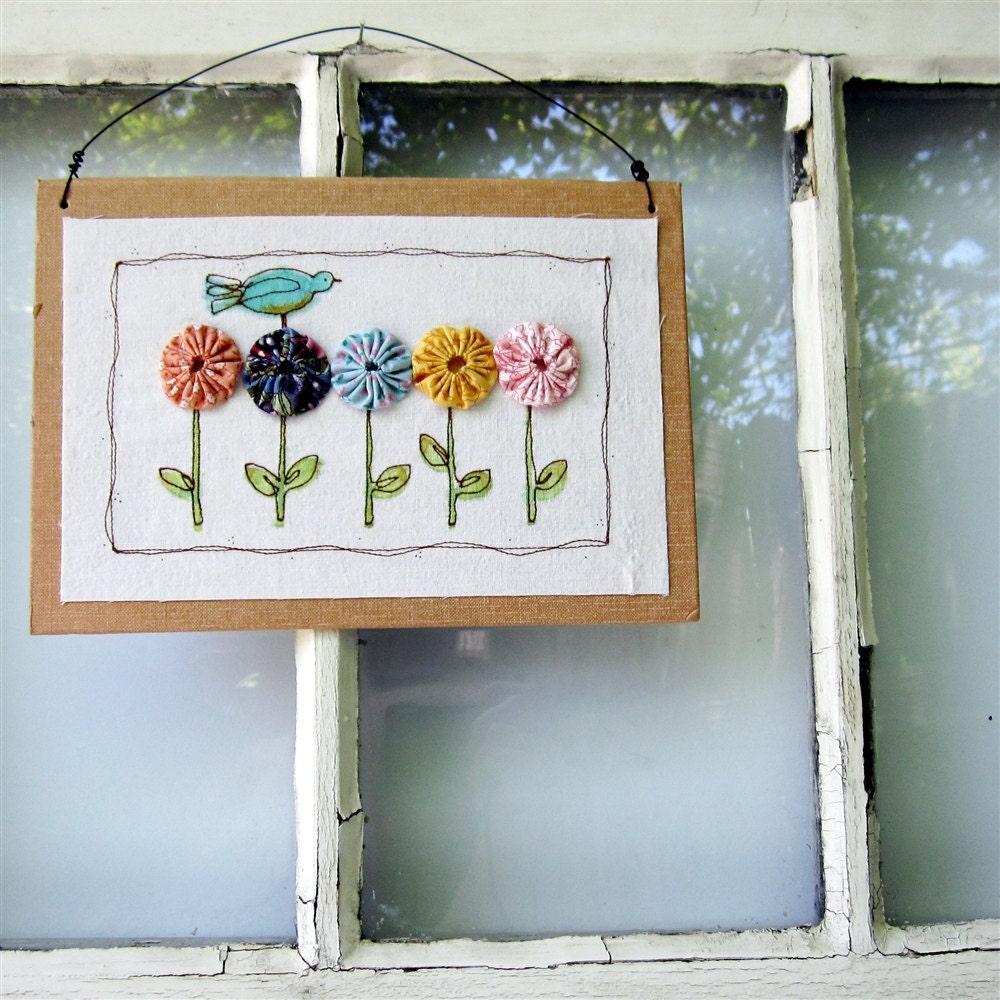 CUSTOM LISTING for SUE fabric yoyo garden art with blue upcycled vintage book cover