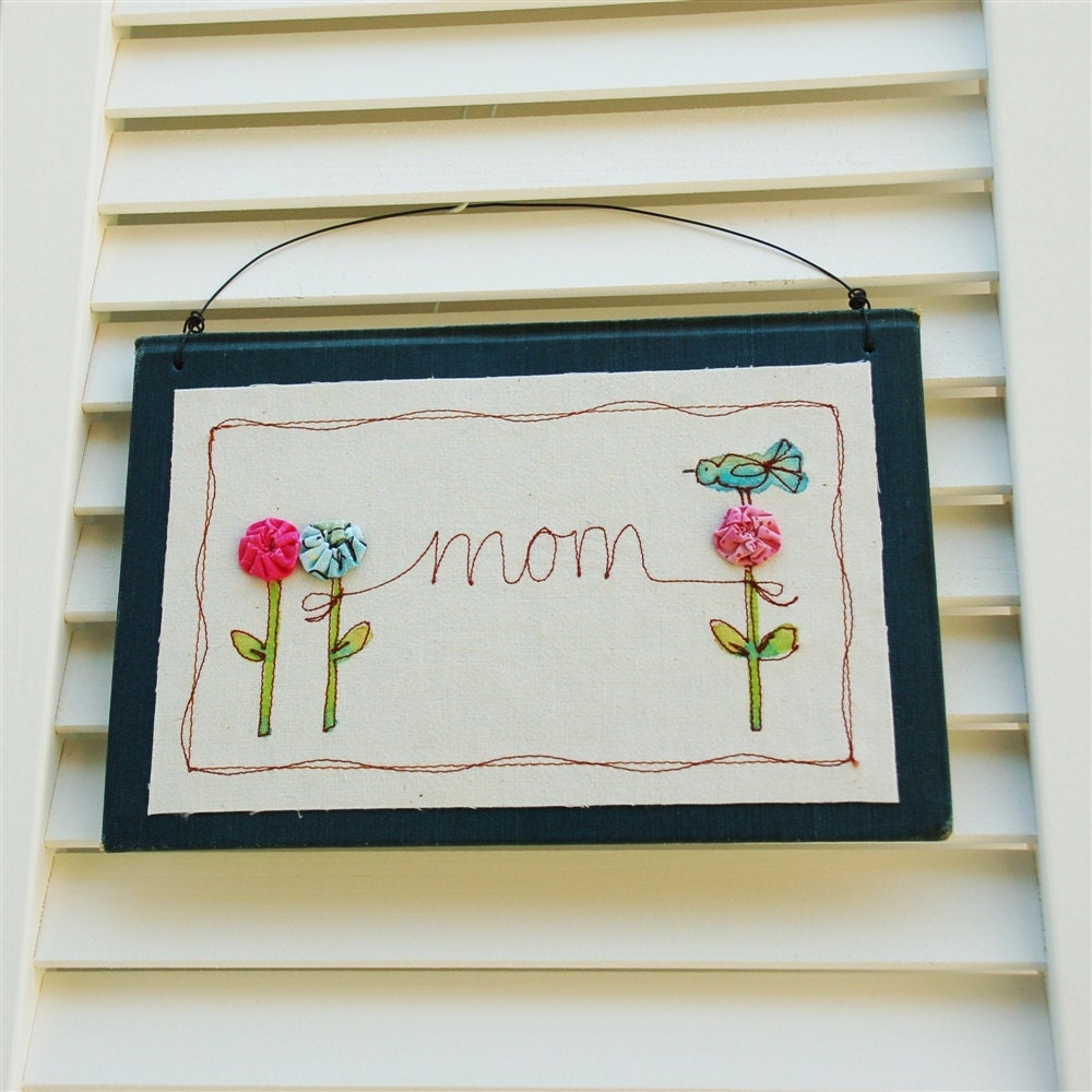 mom blue stitched illustration garden inspired wall hanging blue vintage book cover, for her