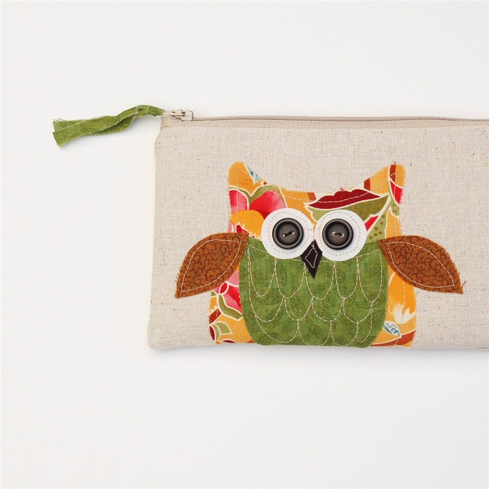 SALE owl zipper pouch, decorative owl clutch, pencil case, orange green brown, gift for her, READY to SHIP by mamableudesigns