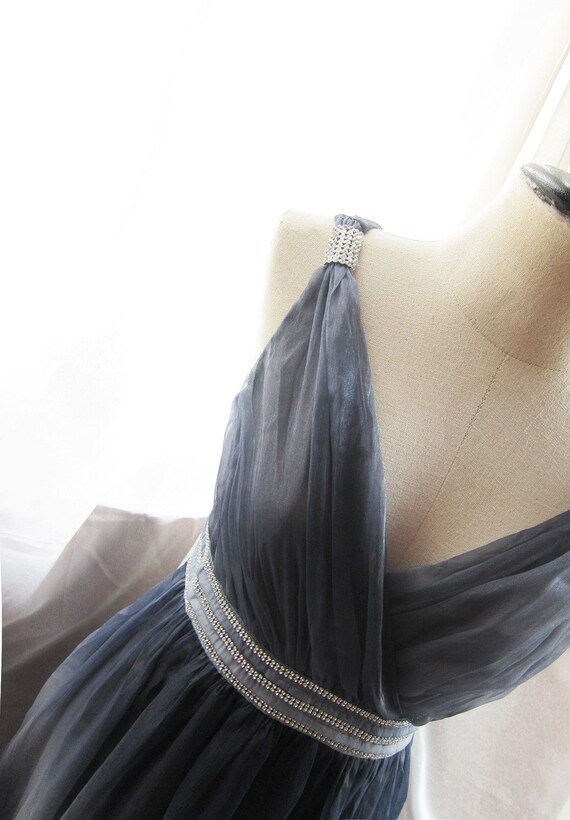 Goddess Soft French Riviera Mystik Prussian Navy Gray Blue Long Dress Dreamy Whimsical Romantic Angel Marie Antoinette Empire Chiffon Gown