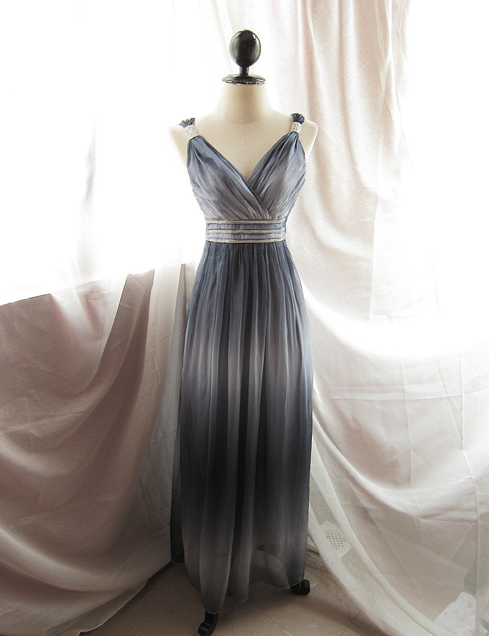 Goddess Soft French Riviera Mystik Prussian Navy Gray Blue Long Dress Dreamy Whimsical Romantic Angel Marie Antoinette Empire Chiffon Gown
