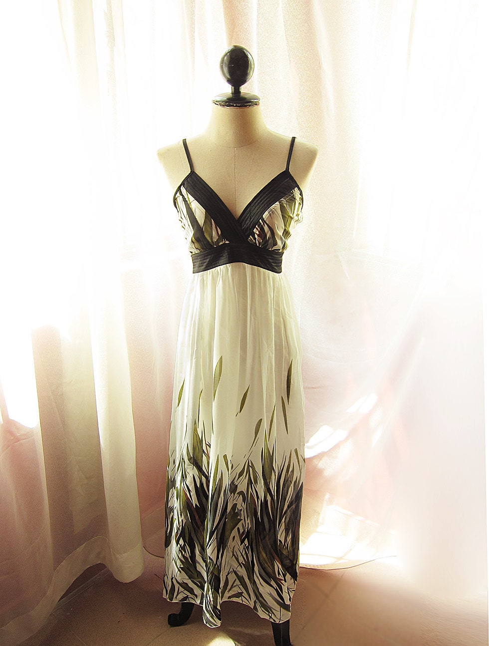 Twilight Africa Lake side Spring Zen Greenery White Porcelain Monet Painting Frolic Chiffon Feminine Long Maxi Gypsy Bohemian Hippie Dress