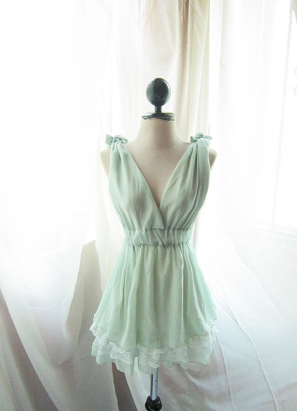 Romantic Pale Chantilly Pistachio Green Morning Dew Dreamy Soft Peaceful Misty Chiffon Lace Hem Dress./ Long Tunic