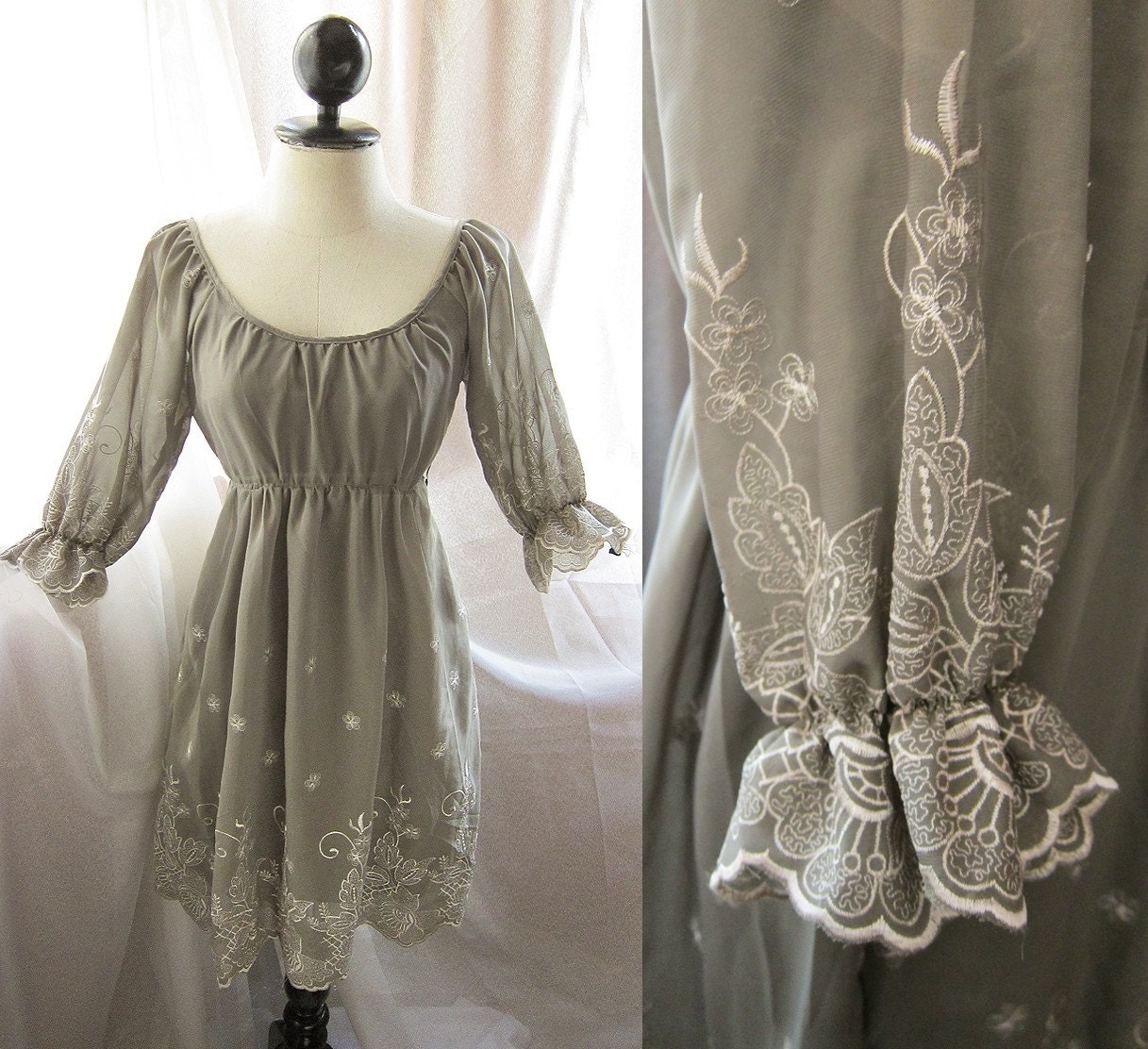 Romantic Misty Autumn Dream Whimsical Embroidered Floral Motif Poet Sleeves Nostalgia Field Gray Cream Chiffon Dress