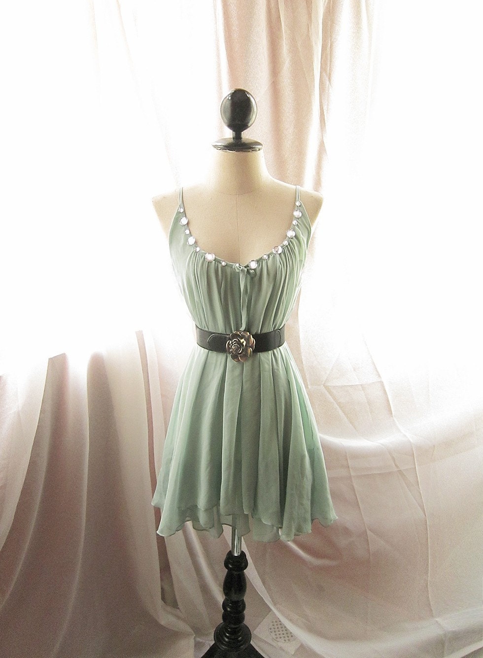 Secret Garden Chiffon Green Dress Autumn Vineyard Elves Morning Dew Forest Chantilly Pistachio Green Romantic Dreamy Flowy Dressss