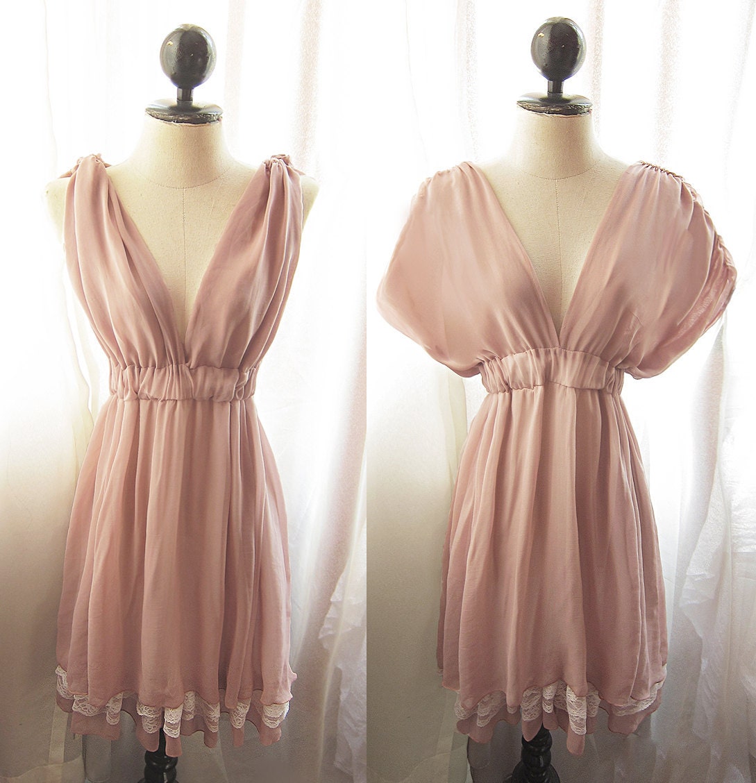River of Romansk Blush Dusty Pink Rose Kimono Dress Peach Rustic Goddess Marie Antoinette Romantic Bridesmaid Chiffon Lace Hem Grecian Dress