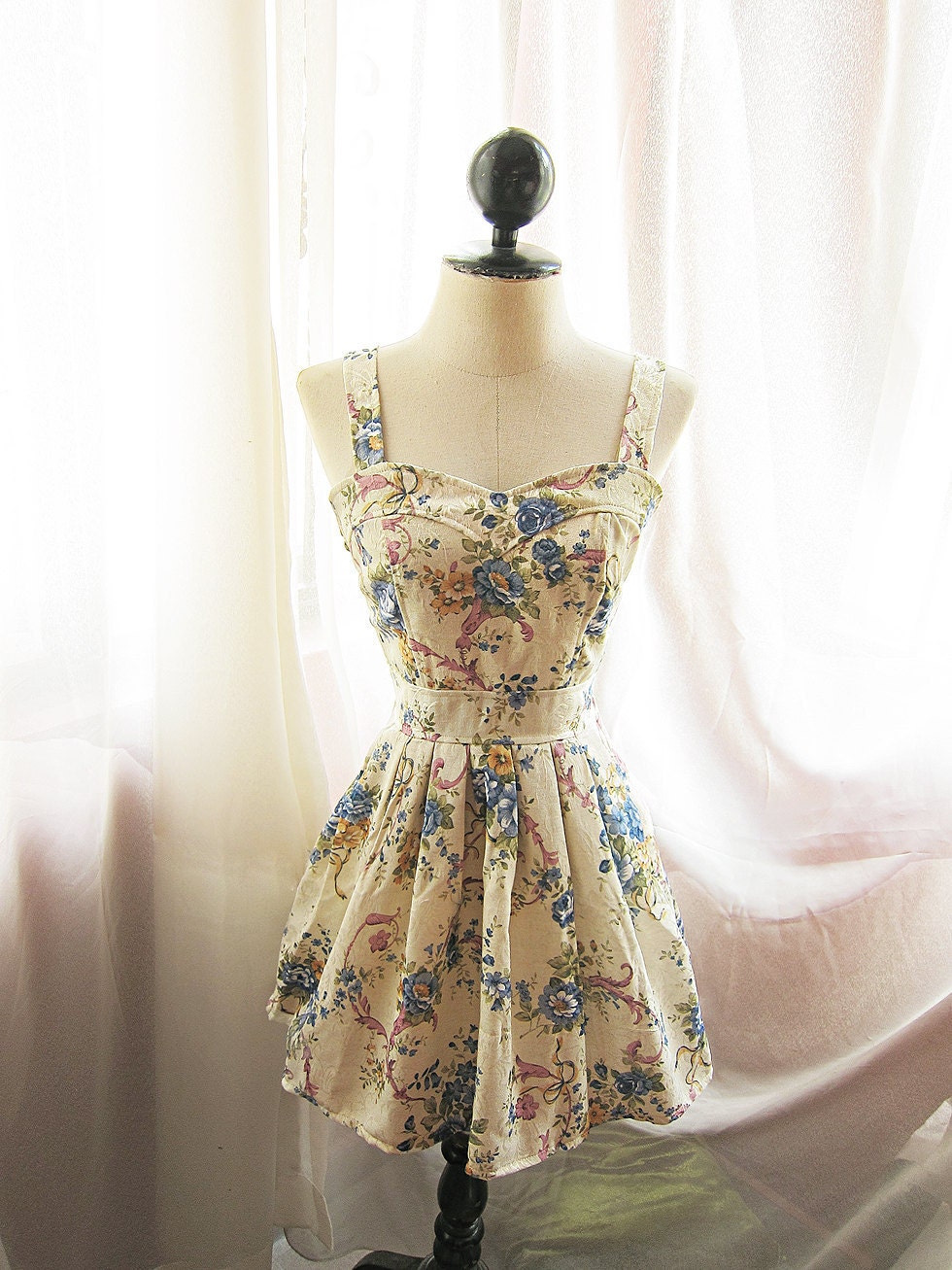 Quaint Romantic Brocade Style Antique Vintage Inspired Creamy Spring Cerulean Blue Floral Garden Sweetheart Cream Marie Antoinette Dress