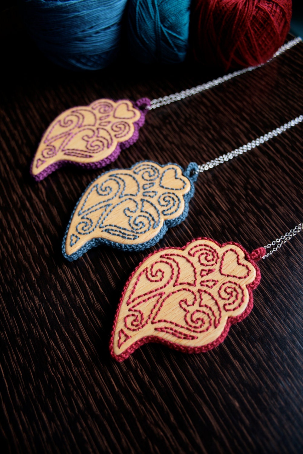 Embroidered Wood Pendant - Heart Of Viana - AVAILABLE IN: Blue, Red and Purple
