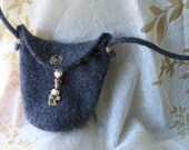 Small grey knit felted beaded purse with hemp stitching and jean pocket - MollysPurl