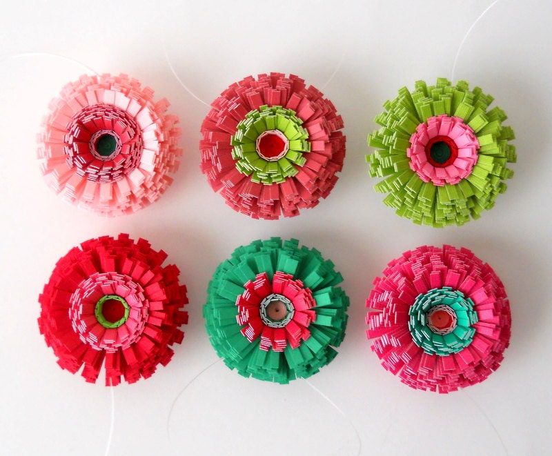 25% OFF - Ornaments, Handmade Set of Six Paper Flowers - Red, Green, Pink, Color, Colorful, Colourful, Bright, Cute, Fun, Small, Little