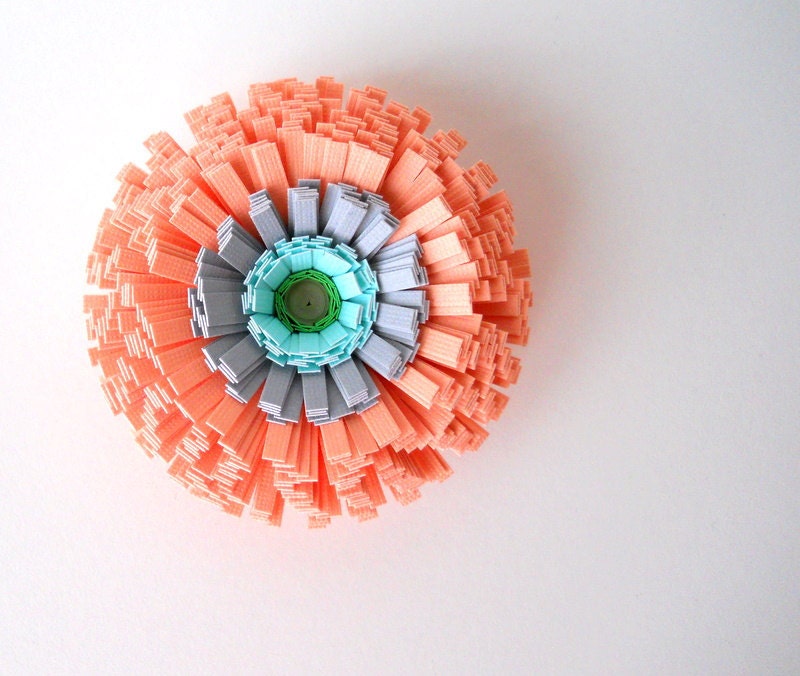 Magnet, Handmade Paper Flower - Peach, Teal, Turquoise, Gray, Grey, Lime Green, Pretty, Warm, Spring, Pastel, Pink, Hostess, Girlfriend