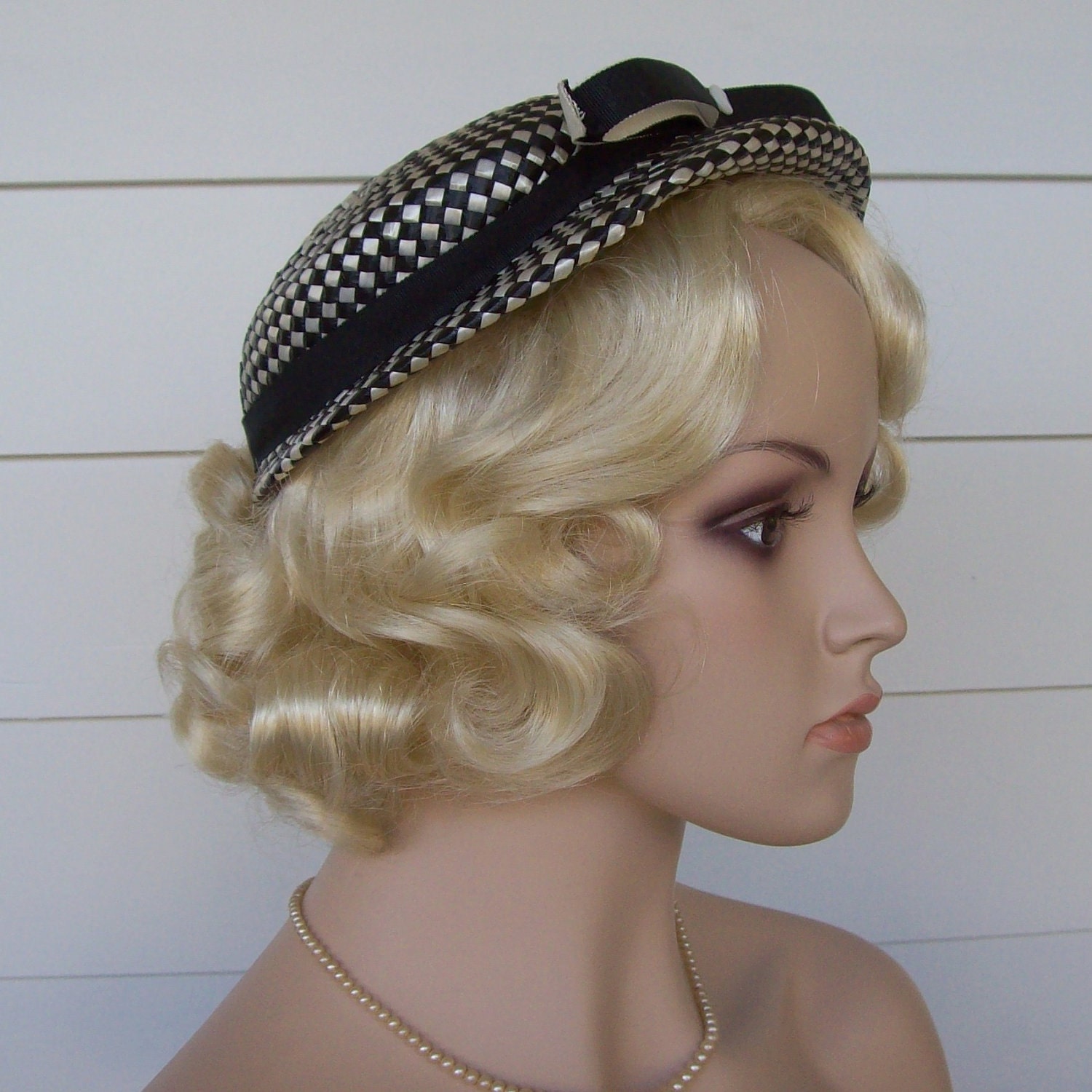 1950s Black And White Checkered PatterStraw Hat By Nita