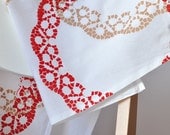 SALE / Beige & red doily / Hand printed organic cotton tea towel