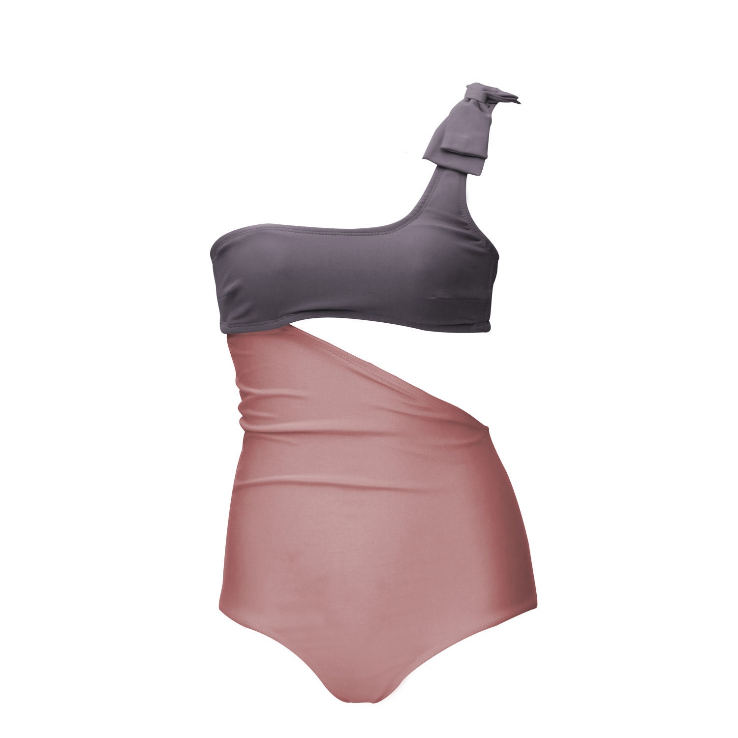 Asymmetric Slitted Maillot with Bow Detail