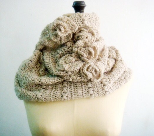 CROCHET Pattern Cowl Infinity Loop Circle Scarf PDF Beige Neutral Rustic with Roses PDF Instant Download 8 - PATTERNSbyFAIMA