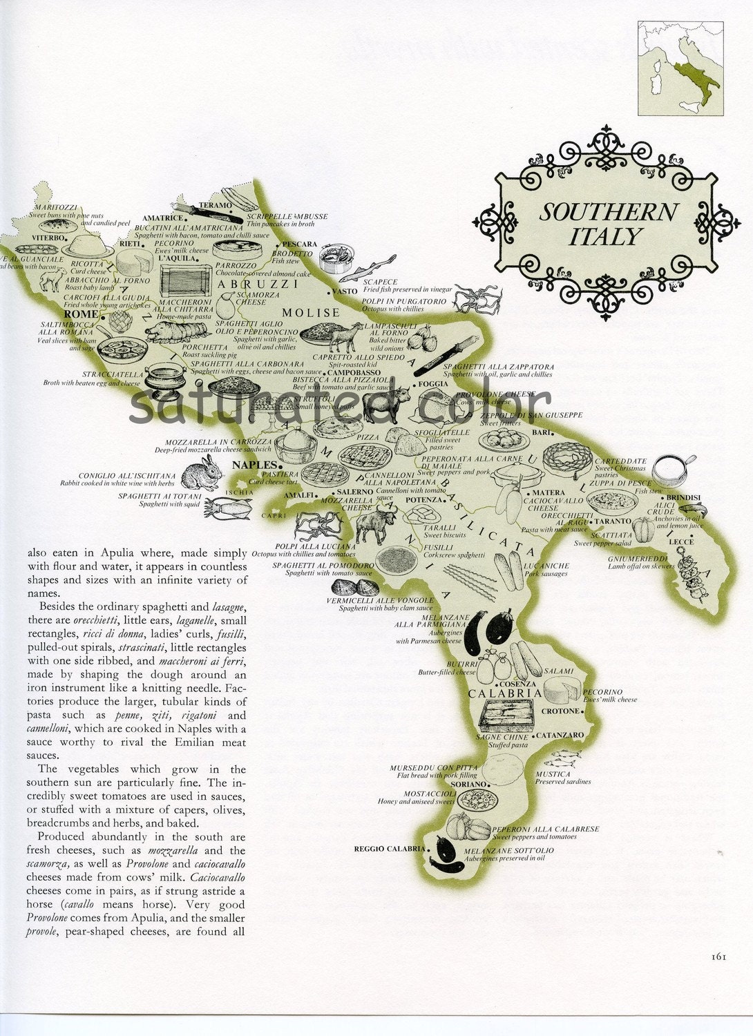 Vintage Southern Italy Food Map - Naples - Rome - Calabria - Molise - Amalfi - 1960s