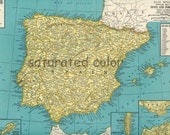 Spain - Portugal Map Vintage - Butter Yellow & Soft Turquoise Aqua - Original 1940s - Lisbon Madrid Barcelona Valencia