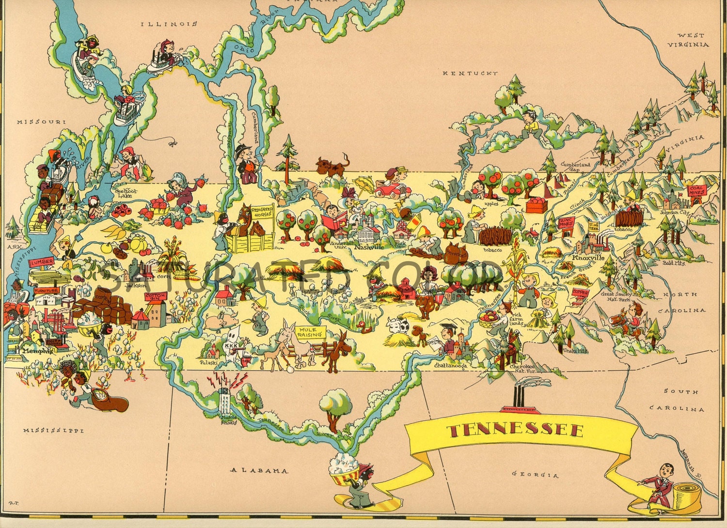 Tennessee Map Vintage - ORIGINAL 1930s Antique Picture Map of Tennessee - Ruth Taylor White