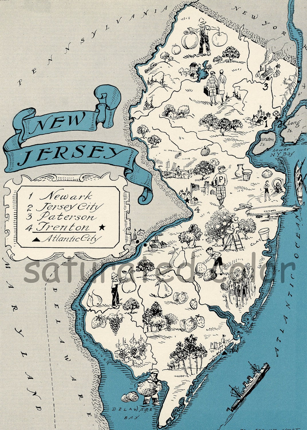 New Jersey Map Vintage 1930s Original Picture Map - Antique New Jersey Map - Charming - Fun
