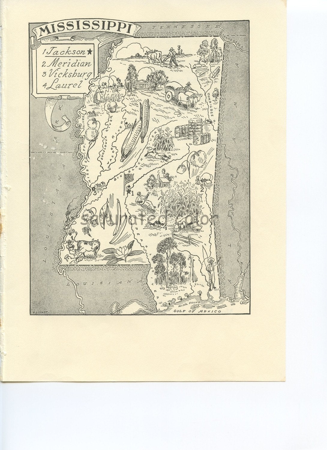 1950s Mississippi - A Delightfully Amusing ORIGINAL Vintage Map - Fun