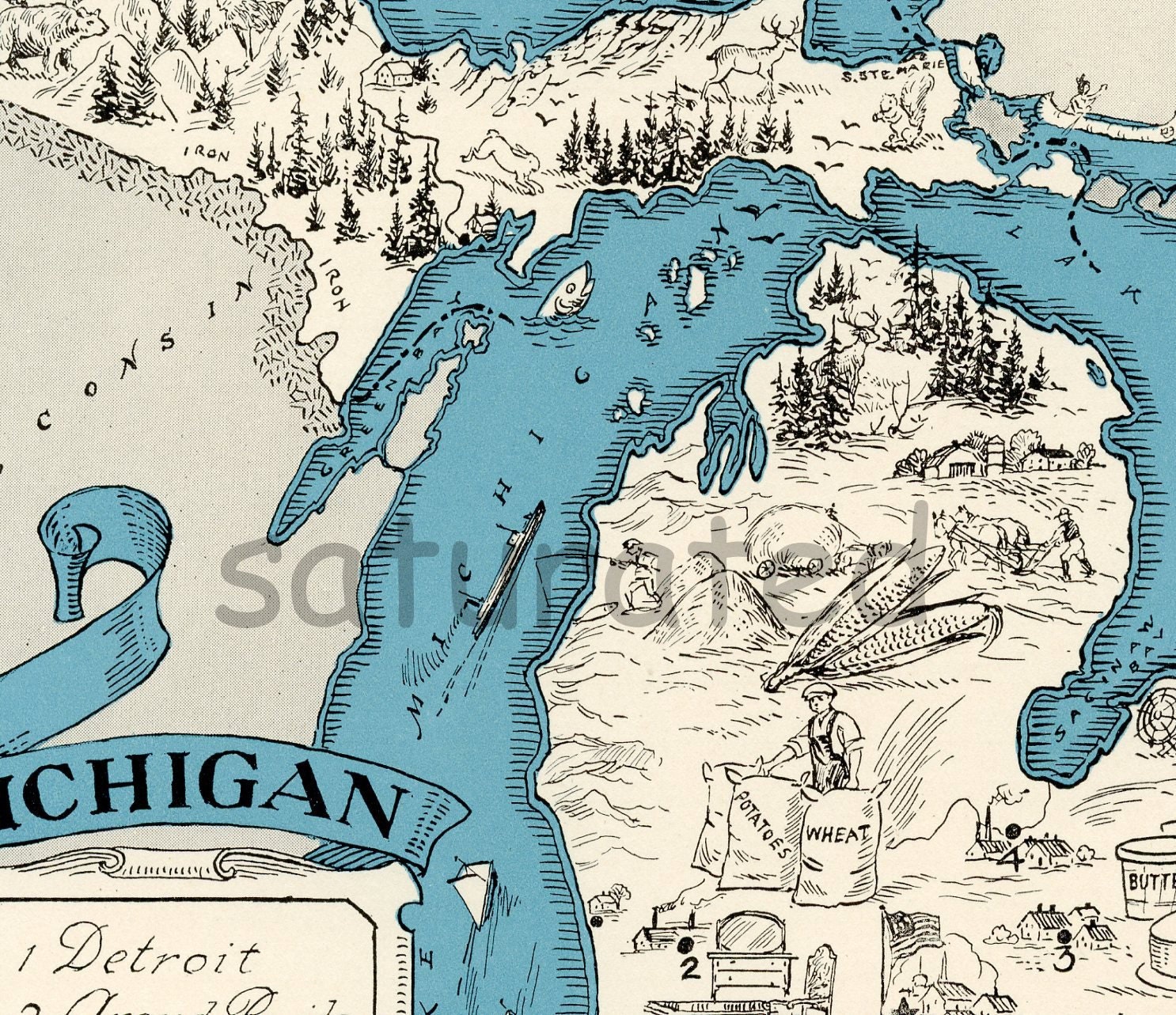 Michigan Map - Vintage - High Res DIGITAL IMAGE Picture Map - Retro Map Art - Charming & Fun - Ann Arbor - Grand Rapids - Lansing - Flint