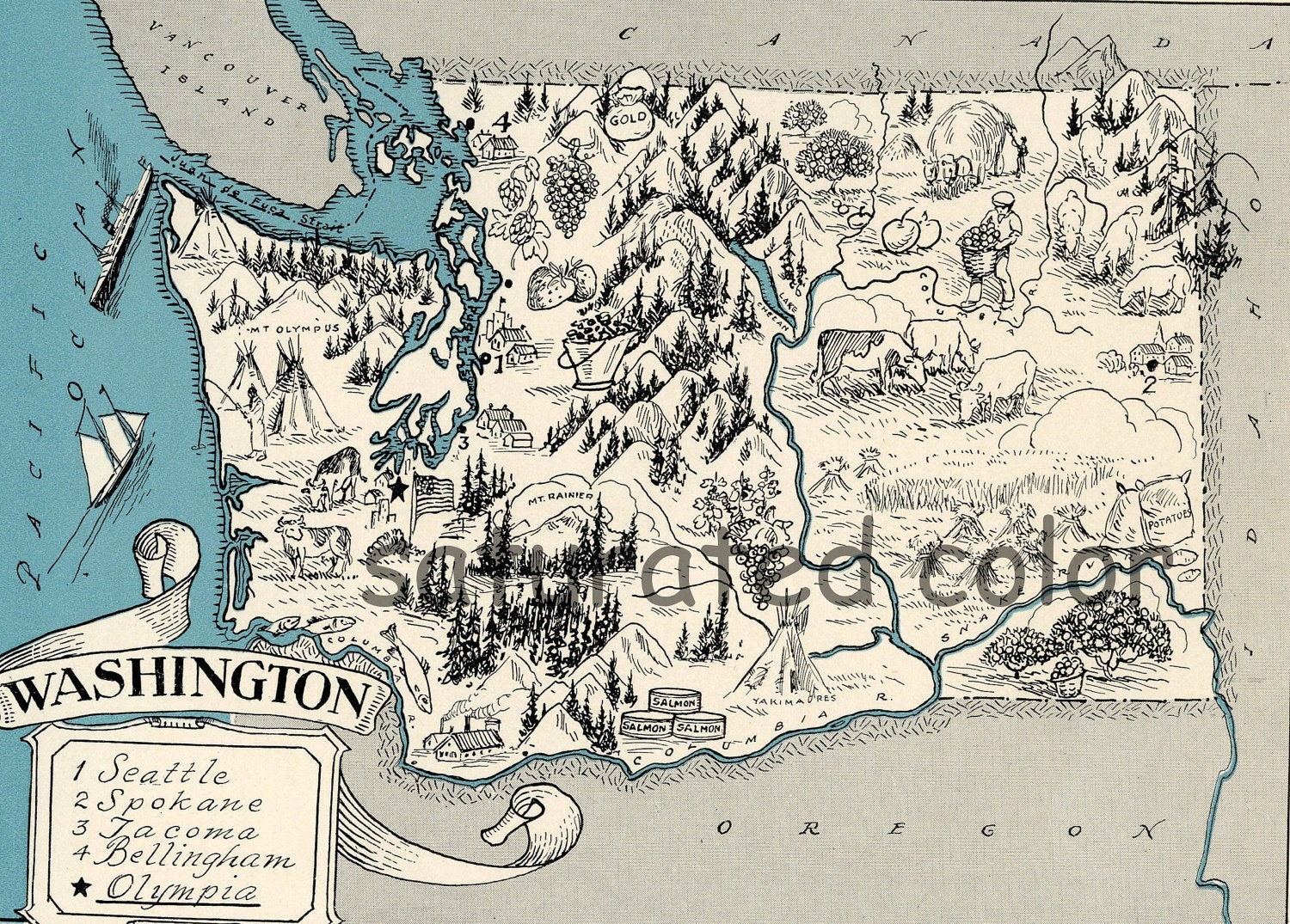 Washington Map - Original 1930s Vintage Washington Picture Map - Charming - Fun