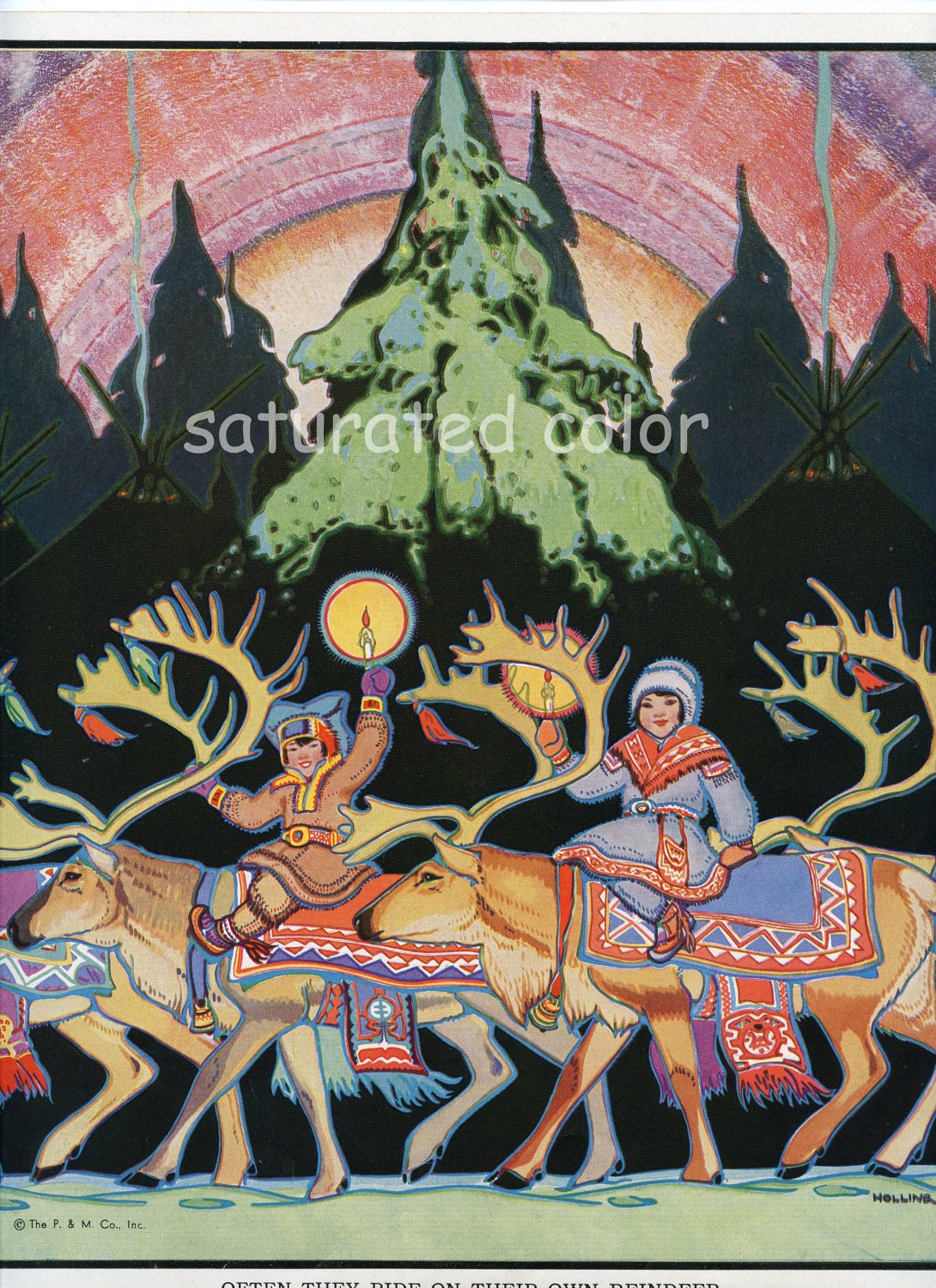 FOR ELLEN - Lapland Finland Children on Reindeer - 1931 Vintage Children's Illustration Print - Child's book - Christmas Candlelight Tree