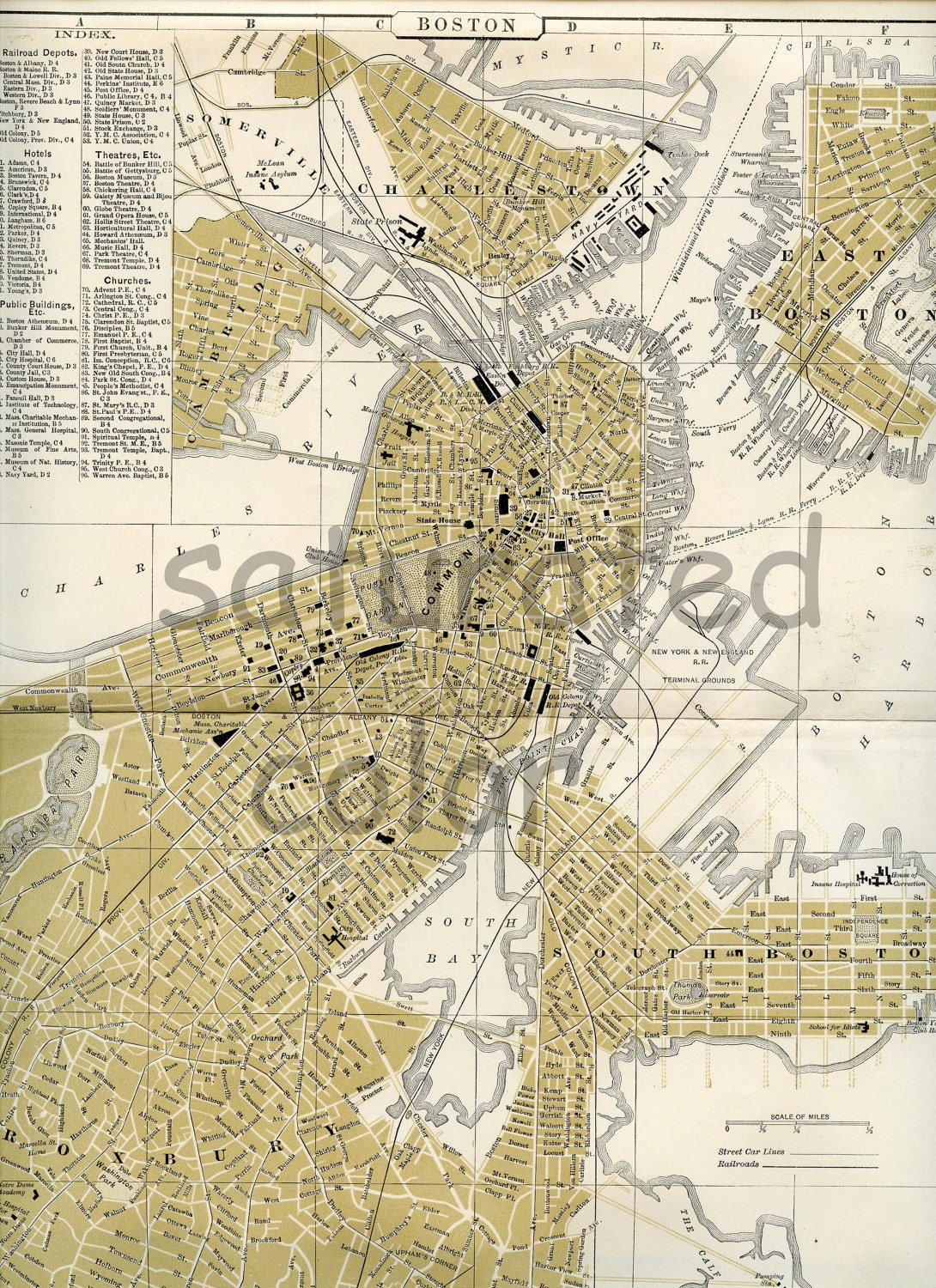 Boston Massachusetts MS Map - Antique City of Boston Massachusetts - Original 1895 Vintage Map of Boston Mass - WONDERFUL Old Landmarks