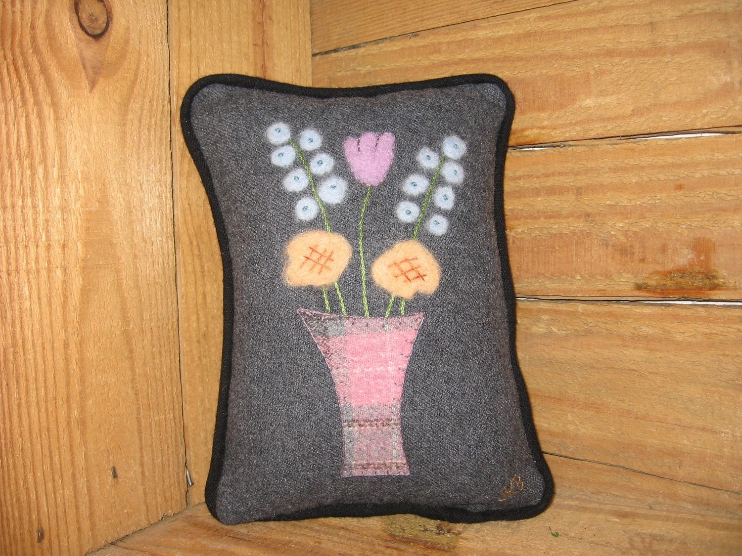 Wool Needle Felted Flowers Pillow