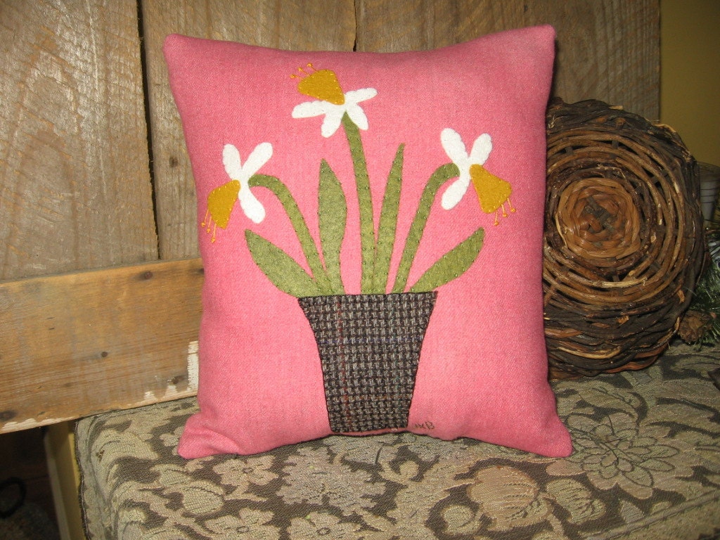 Daffodil Springtime Appliqued Hand Dyed Wool Pillow by JKB