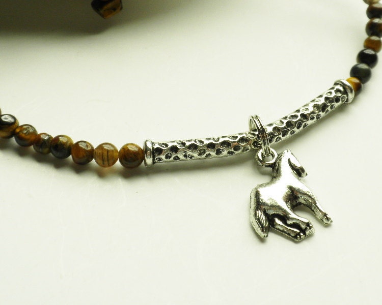 Horse Charm Anklet Brown Gemstone Tigers Eye Adjustable Ankle Bracelet