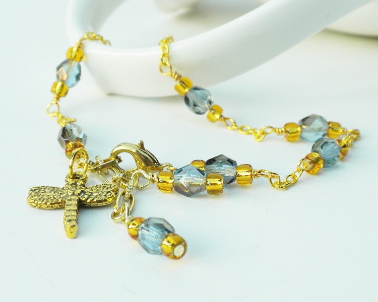 Dragonfly Charm Anklet Light Sapphire Blue Gold Adjustable Ankle Bracelet
