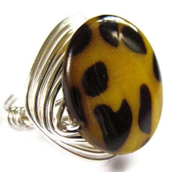 Animal Print Wire Wrap Ring Tribal Mother Of Pearl Jewelry