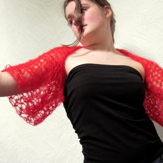 Hand Knitted Shrug Red Mohair Women Luxury Fashion Clothing