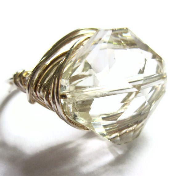 Wire Wrap Ring Glass Champagne Statement Fashion Jewelry