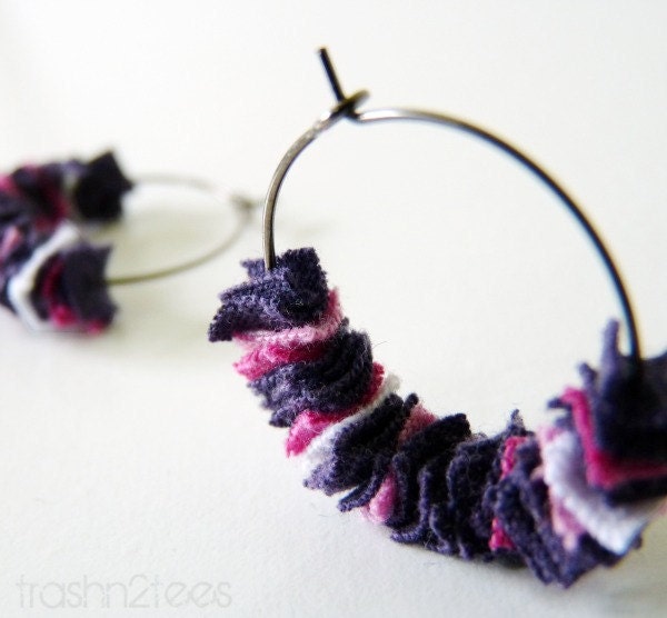 Pink Purple Upcycled Tshirt Hoop Earrings by TrashN2Tees