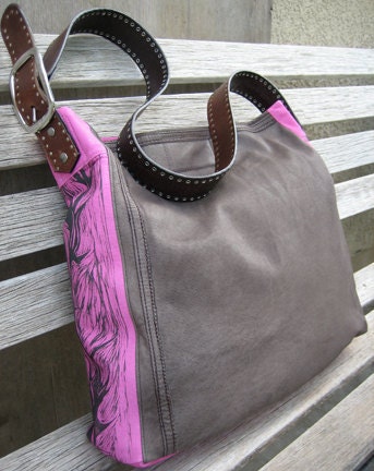 Upcycled Leather Purse,Thistle Woodcut in Chocolate Brown and Fuchsia