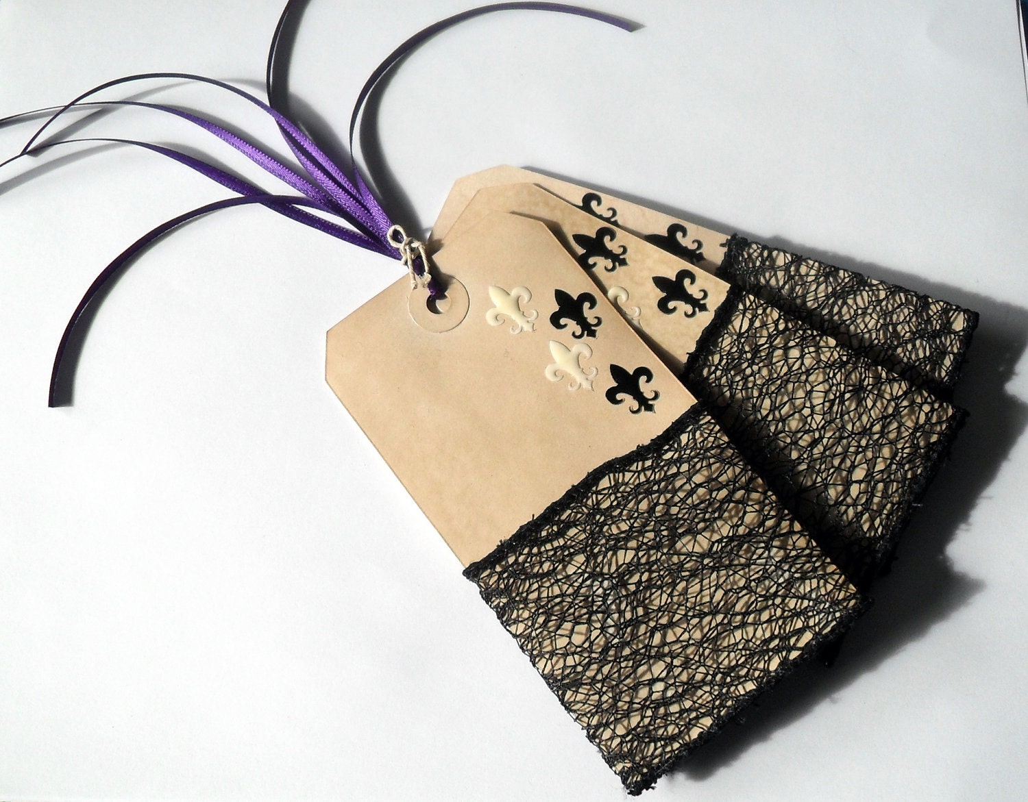 Black and White Fluer de Lil Gift Tags with Black Lace - Purple Ties