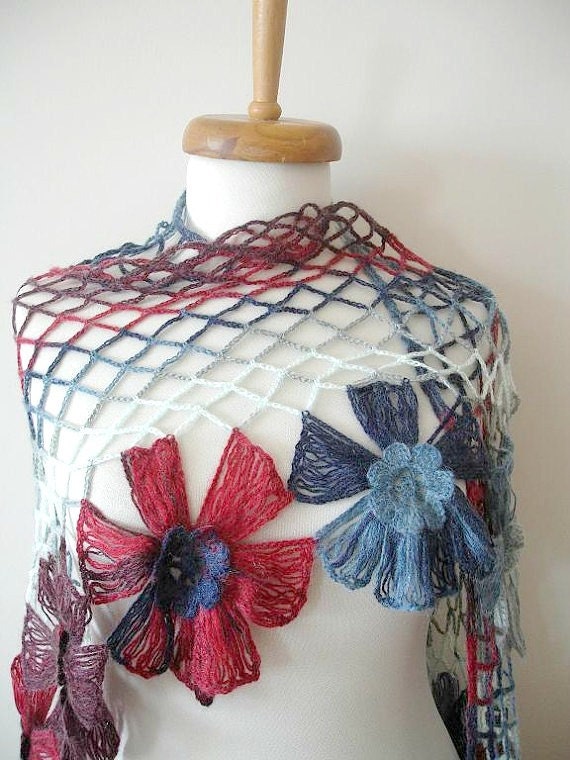 Triangle Shawl By Crochetlab,  Multicolor,  Big  Flowers,  Perfect for all Seasons, Grey, White and Red