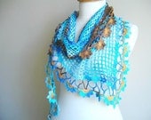 Blue Scarf , Spring  Fashion,  Merserized Triangle  Blue Brown  Scarf  By Crochetlab, Gift for Mom,  Mothers Day Gift