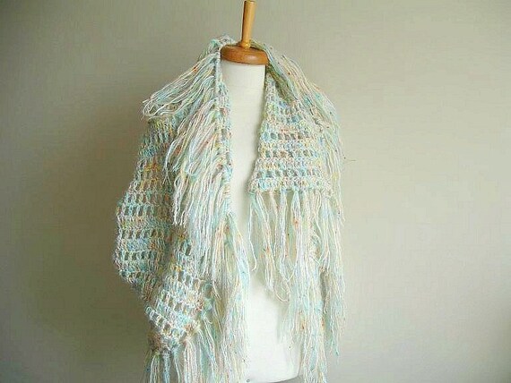 Poncho With Fringes, Ivory and soft multicolors, Fall and Winter , New Season,Wearable in many ways