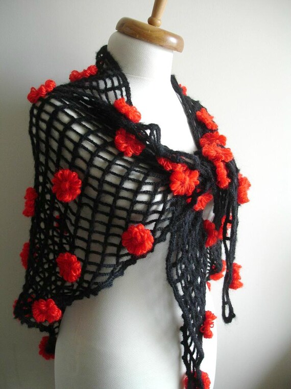 Black and Red Shawl,Fall Fashion,  New Season Triangle Shawl By Crochetlab, Mohair,