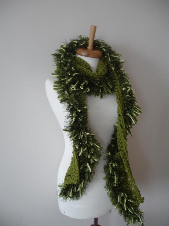 Green Long Scarf With Fluffy Fringes,  Ready to Ship, EXPRESS Shipping, New Season, Chunky Knits