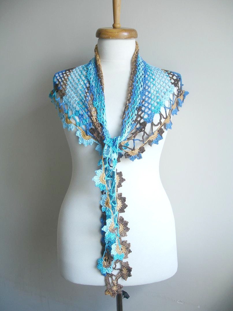 Spring 2012, Merserized Triangle  Blue brown  Scarf  By Crochetlab, Gift for mom,  Mothers day gift