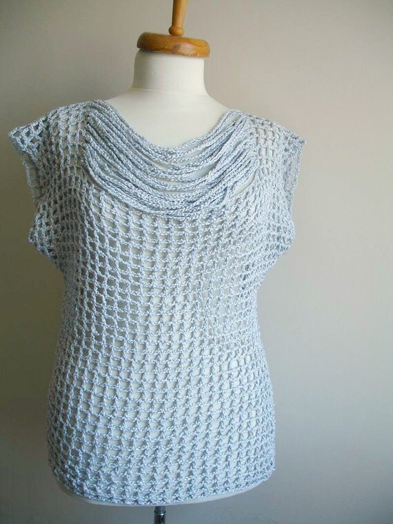 Handcrocheted Silver Grey Blouse Top, OOAK Fashion